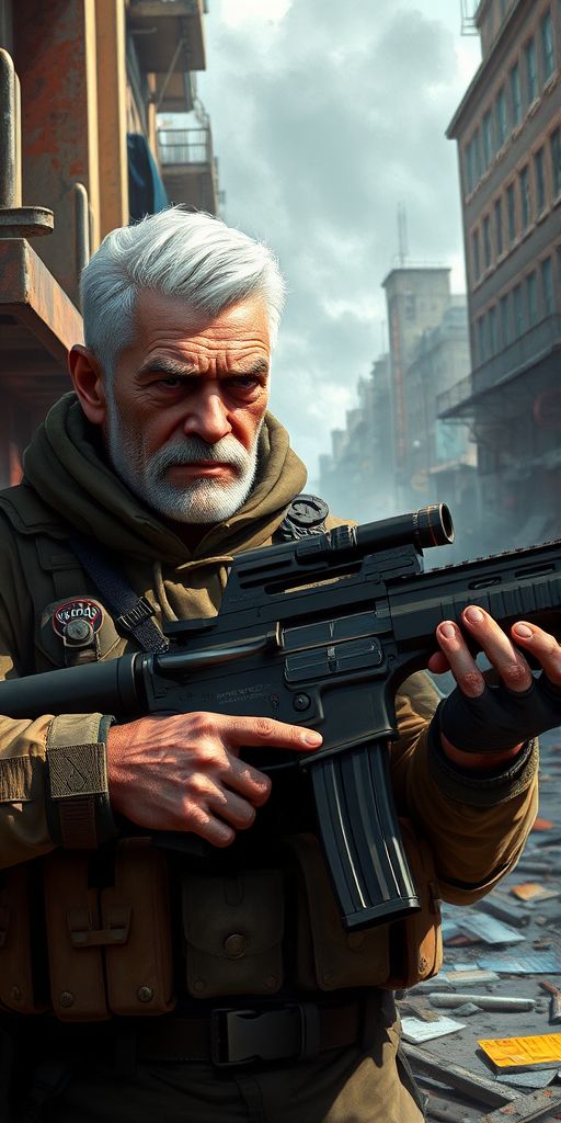 Create a highly detailed digital painting of a mature soldier with white hair, wearing tactical gear and holding an assault rifle, set in a post-apocalyptic urban environment with destruction in the background, captured with a Canon EOS R5, 50mm lens, f/1.8, ISO 100, using a low-angle view and vibrant colors to enhance realism and mood.