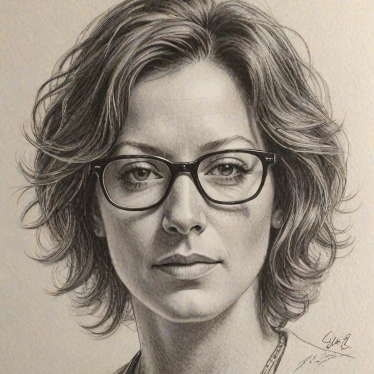 Fetching Sarah McLachlan, pencil sketch, portrait of Superb woman 1978s in glasses, hair style beatnik, outline, clear lines, fine lines, 8k