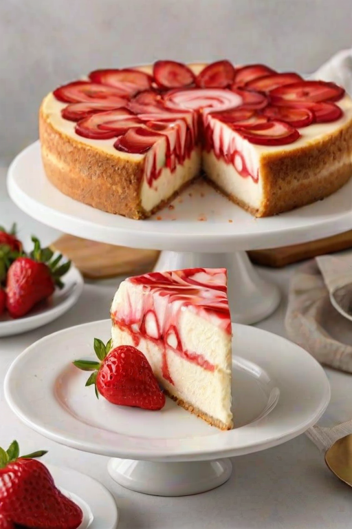 Create an image of a creamy cheesecake with a vibrant strawberry swirl on top, garnished with fresh strawberries. The cheesecake should be displayed on a white cake stand, with a slice cut out to showcase the layers inside. The setting should have a light and inviting atmosphere.