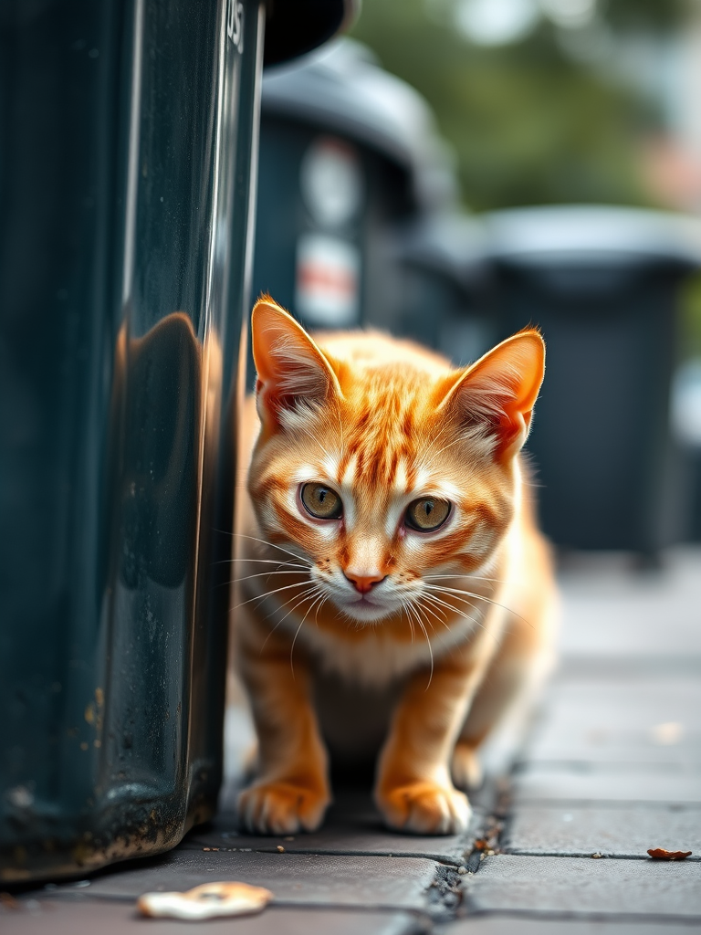 capture a close-up of an orange cat crouched near a garbage bin, shallow depth of field, natural lighting, f/2.8, ISO 200, 50mm lens, DSLR camera, focus on the cat's eyes