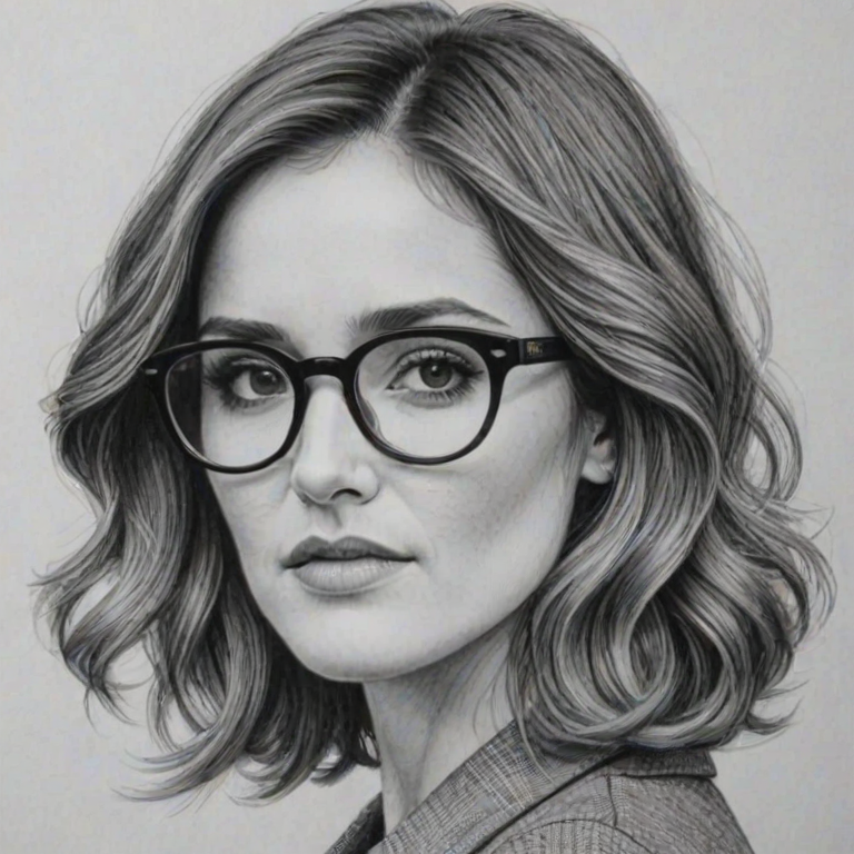 Beauteous Rose Byrne, pencil sketch, portrait of Superb woman 1963s in glasses, hair style beatnik, outline, clear lines, fine lines, 8k