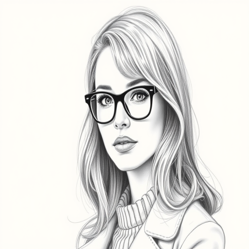 Beautiful Natalie Portman, pencil sketch, portrait of beautiful woman 60s in glasses, hair style beatnik, outline, clear lines, fine lines, 8k
