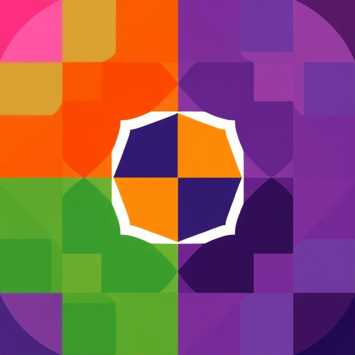 Create a vibrant geometric pattern featuring bold shapes and contrasting colors in a grid layout, captured with a DSLR camera at f/8 aperture, ISO 200, 24mm lens, natural light, top-down view, high saturation style.
