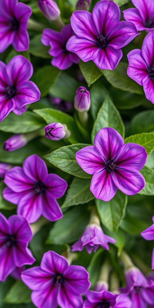 high-resolution floral pattern with vivid purple flowers and green leaves, soft natural lighting, aperture f/2.8 for depth of field, using a DSLR camera, macro lens, top-down view for detail enhancement