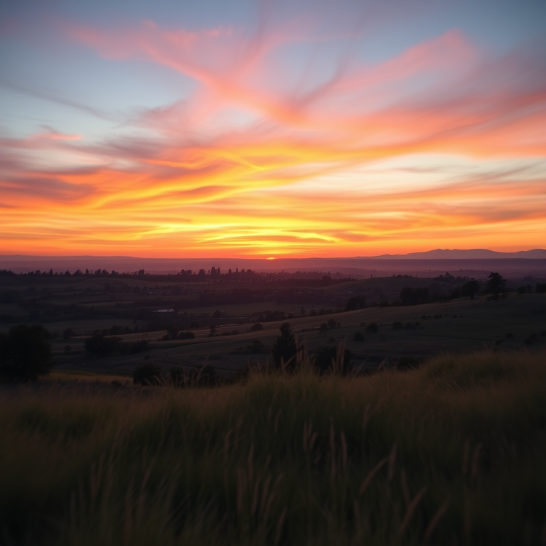 Capture a high-resolution image of a serene landscape at sunset with vibrant colors in the sky, using a Canon EOS R5 camera, 50mm lens, f/1.8 aperture, ISO 100, 1/125 sec shutter speed, wide-angle view, using a soft focus style.