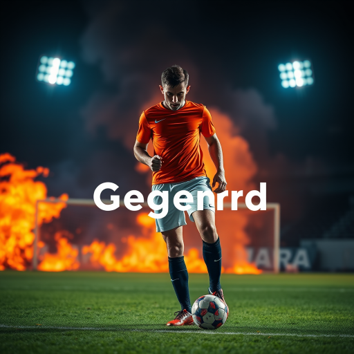 Regenerate an image of a soccer player standing in a dynamic pose with a fiery background, using a DSLR camera, 35mm lens, f/2.8 aperture, ISO 100, 1/200s shutter speed, shot from a low angle with a dramatic lighting effect to enhance the contrast and overall vibrancy.