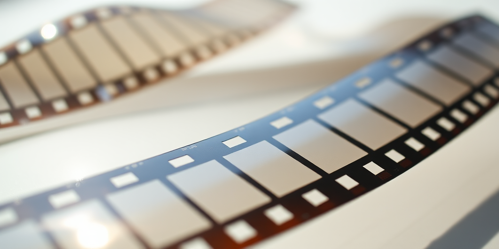 regenerate a stylized film strip with smooth curves and reflections, using a DSLR camera at f/2.8 aperture, 50mm lens, shot from a low angle, in natural light to enhance depth and clarity