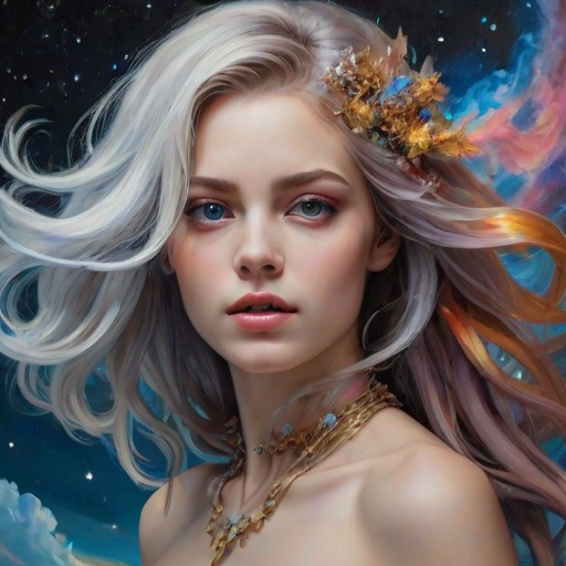 Create a series of imaginative portraits where each subject is infused with elements of fantasy and nature. The hair of the individuals should flow like clouds, varying from soft, fluffy cumulus to wispy cirrus strands, with hints of color reflecting a sunset or a clear blue sky. The eyes should be windows to entire galaxies, with stars, nebulae, and distant planets visible within them. Clothing should be adorned with nature motifs, such as floral patterns that bloom and change, vines that seem to grow and wrap around, or feathers that shimmer with iridescence. Each portrait should capture a unique personality, blending human features with the ethereal beauty of the natural and cosmic world. The backgrounds can vary, from starry night skies to enchanted forests, adding depth and context to the magical realism of the portraits