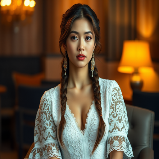 Create a portrait of a refined and elegant Mongolian woman seated in a sophisticated setting. She has long, wavy hair styled in two thick braids that are pulled over her shoulders. She wears a white, lace gown with intricate patterns, featuring a deep V-neckline and short sleeves. The dress exudes a vintage charm with its delicate lacework. She is adorned with ornate, dangling earrings that add a touch of glamour to her appearance. The background is softly lit, with warm, ambient lighting that creates a cozy and inviting atmosphere. Her expression is poised and serene, capturing a sense of grace and elegance.