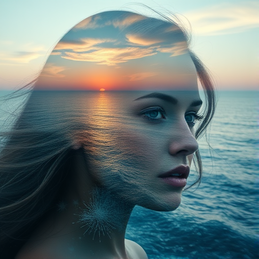 design Book cover, A surreal double exposure portrait that blends a woman's face with a beautiful seascape. The overall mood is dreamy and mystical, with rich colors and intricate details