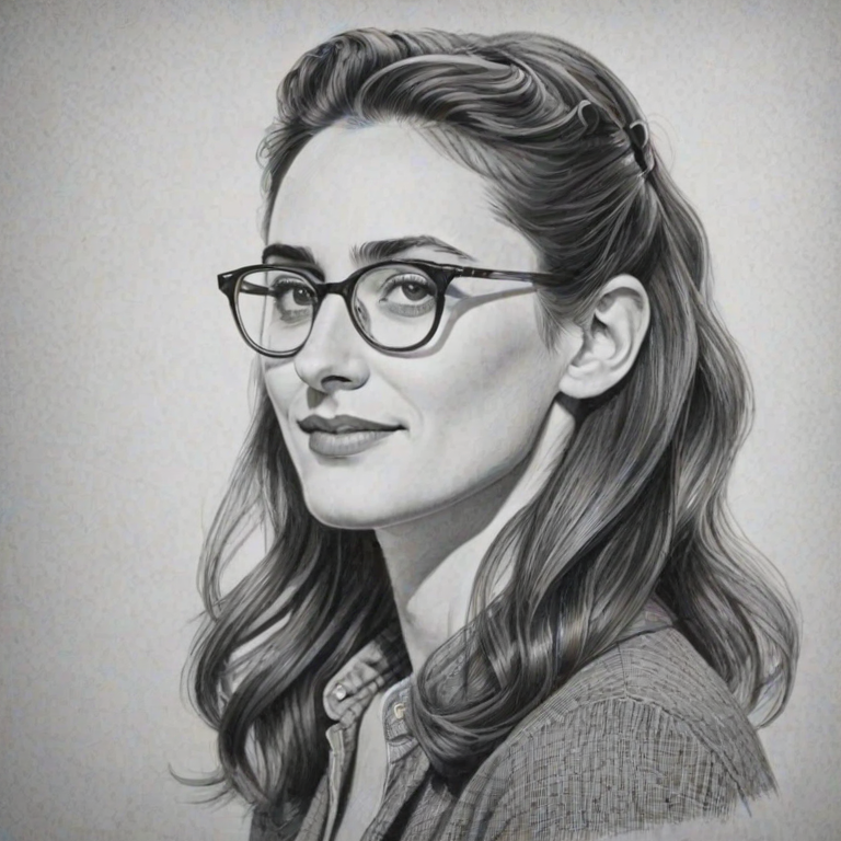 Enticing Sara Bareilles, pencil sketch, portrait of Graceful woman 1946s in glasses, hair style beatnik, outline, clear lines, fine lines, 8k