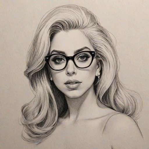 Comely Lady Gaga, pencil sketch, portrait of Bewitching woman 1962s in glasses, hair style beatnik, outline, clear lines, fine lines, 8k