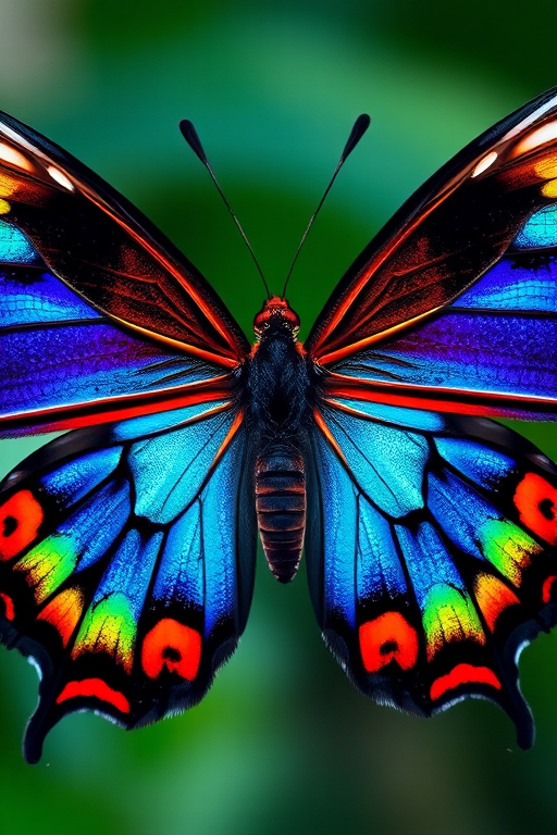 Create a vibrant, high-resolution image of a butterfly with kaleidoscopic colors in a symmetrical pattern, using a macro lens at f/2.8, 1/250 sec shutter speed, ISO 100, shot from a slightly above angle to capture intricate wing details, utilizing a DSLR camera for enhanced quality.
