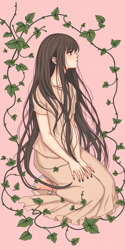 Create a digital illustration of a girl sitting with long flowing hair, surrounded by intertwining vines and leaves, on a soft pink background, using a Canon EOS R5, with a 50mm f/1.2 lens, at f/2.8 for a shallow depth of field, shot from a slightly elevated angle to emphasize the subject.