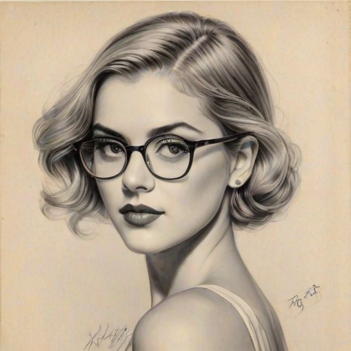 Appealing Anne Winters, pencil sketch, portrait of Graceful woman 1935s in glasses, hair style beatnik, outline, clear lines, fine lines, 8k