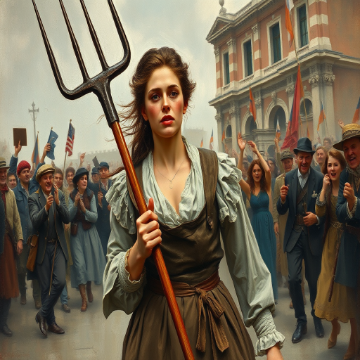 Beautiful impressionistic oil painting of a woman in the 1870s in france during the french revolution holding a three-pronged simple pitchfork and leading a rabble of shouting people to the bastille. She is clothed in french peasant clothing of the early 19th century and has a determined look on her face