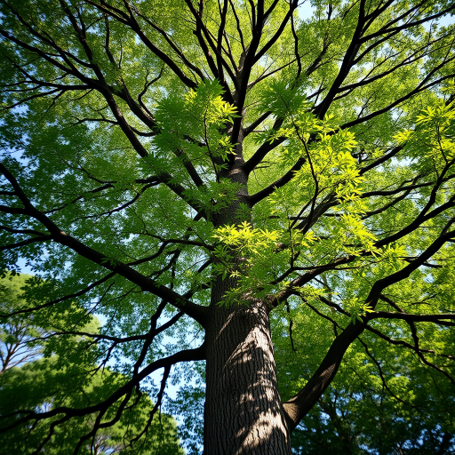 A tall tree with a dense canopy, shot with a DSLR camera at f/8 aperture, ISO 100, 50mm lens, in bright daylight with a shallow depth of field to enhance the details of the leaves against a blurred background.