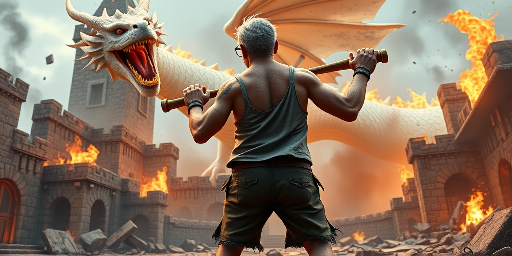 Cartoon 3D High-Resolution,dynamic battle scene using Unreal Engine 5 and Octane Render. The scene features back of an elderly, thai man with a beard,messy hair and round golden-rimmed glasses. He is wearing a tattered tank top with soot marks, shorts, and sandals. sweating. he wields a baseball bat. He jump to fight with a white fire-breathing Europe dragon amidst a partially destroyed stone castle. Include intense flames, smoke, and debris to enhance the dramatic effect.