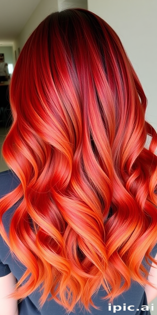 Fiery ombre locks transitioning from deep crimson roots to blazing orange tips, Phoenix's hair radiates warmth and intensity, with subtle waves adding movement and depth to the striking color palette