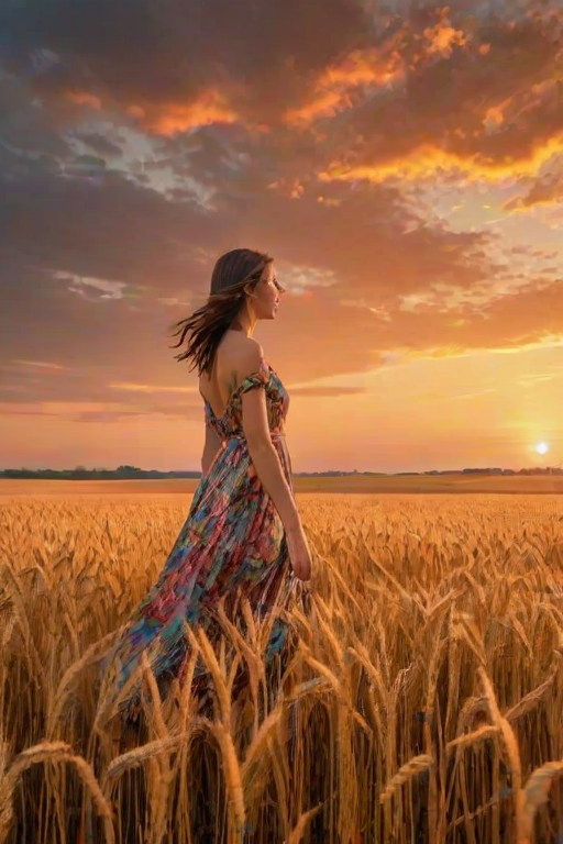 Golden wheat field at sunset, the sky ablaze with vibrant colors, a woman in a flowing dress walks slowly through the field, her hands brushing the tops of the tall stalks as the wind whispers through the grass.