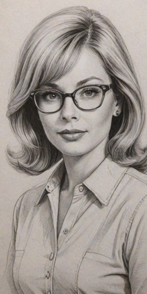 Fetching Cindy Morgan, pencil sketch, portrait of Superb woman 1962s in glasses, hair style beatnik, outline, clear lines, fine lines, 8k