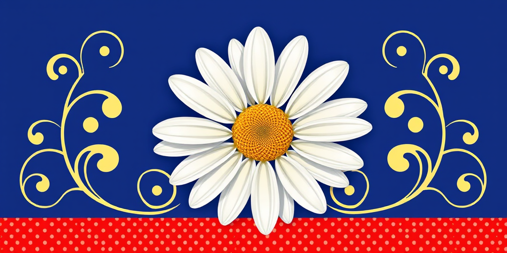 Create a vibrant illustration of a daisy with a yellow center and white petals, placed on a deep blue background with decorative swirls and a red polka dot border, using a DSLR camera with a 50mm lens, f/1.8 aperture, ISO 100, and soft natural lighting for enhanced color saturation and clarity.