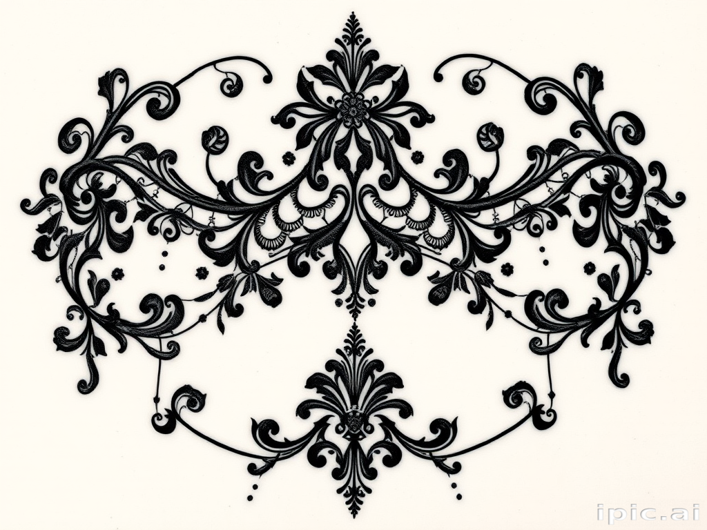 Blackwork ornamental tattoo entitled "Gothic Lace" featuring intricate patterns inspired by Victorian-era lace and filigree work, with delicate swirls and floral motifs creating a stunning contrast against the skin, ideal for those who appreciate the elegance and sophistication of vintage-inspired designs.