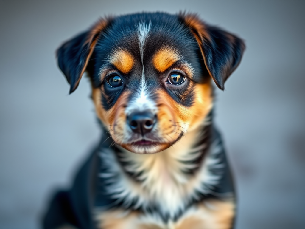 generate a high-resolution portrait of a cute puppy with a black and tan coat, soft focus background, using a Canon EOS R5 camera, 85mm lens, aperture f/1.8, shutter speed 1/200s, ISO 200, natural lighting, and a shallow depth of field.