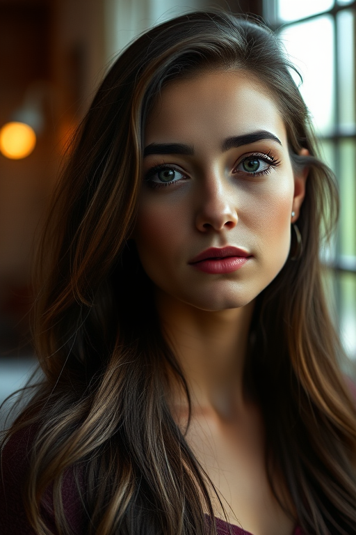 portrait of a woman with long hair and earrings, soft natural light from a window, shallow depth of field, 50mm lens, aperture f/1.8, ISO 200, 1/100 sec, shot in a cozy indoor setting with a blurred background.