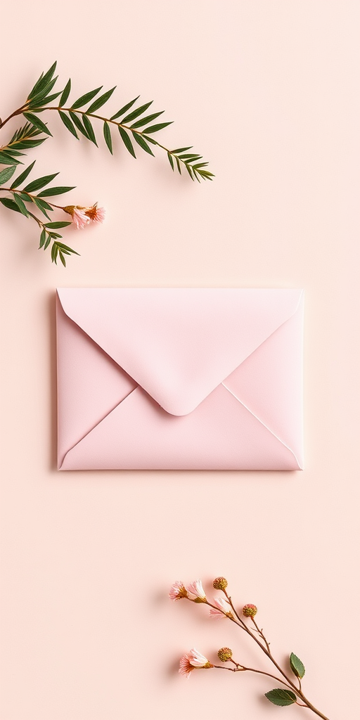 Create a high-resolution illustration of a classic envelope with a pastel color scheme, using a 50mm lens, f/2.8 aperture, ISO 100, in a flat lay perspective, with soft natural lighting to enhance the details and texture.