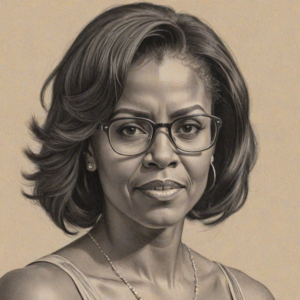 Fetching Michelle Obama, pencil sketch, portrait of Sublime woman 1931s in glasses, hair style beatnik, outline, clear lines, fine lines, 8k