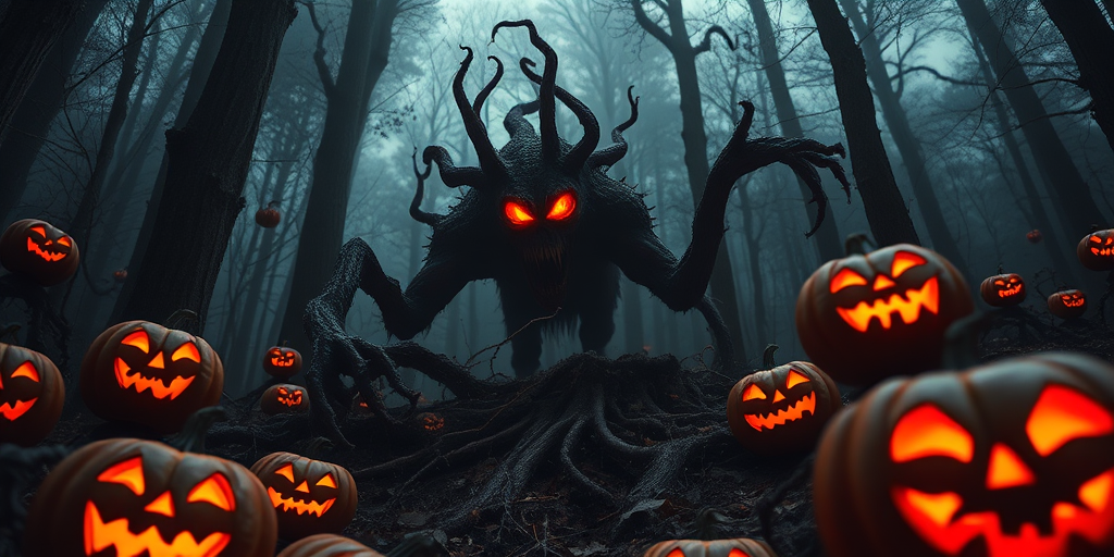A terrifying creature emerging from a dark forest with glowing eyes and twisted roots, surrounded by ominous jack-o'-lanterns, shot with a DSLR camera at f/2.8, ISO 100, 50mm lens, low angle view, dramatic lighting, high contrast.