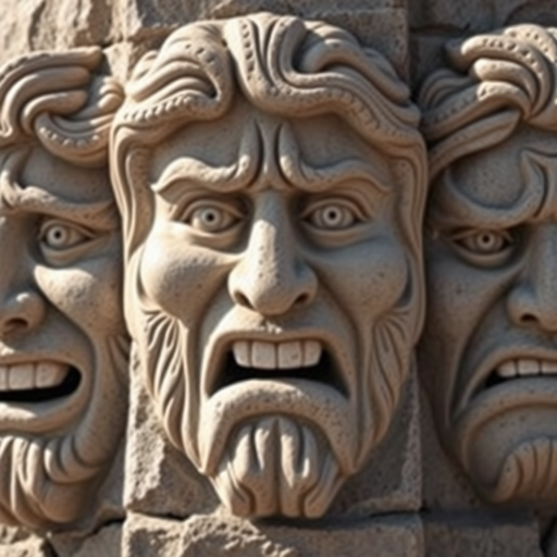 Create a high-resolution image of three expressive faces carved in stone, showcasing a range of emotions from joy to rage and sadness, with dramatic lighting, captured with a DSLR camera using a focal length of 50mm, aperture set to f/1.8, ISO 200, natural backlighting for enhanced texture and detail.