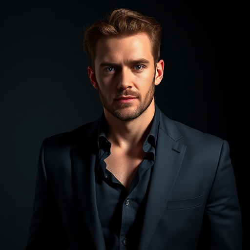 portrait of a confident man in a dark suit with an open shirt, dramatic lighting, high contrast, shallow depth of field, 85mm lens, f/1.8 aperture, ISO 100, natural light, captured with a full-frame DSLR