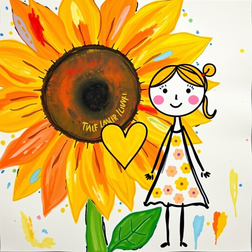 Stylized impressionism painting of a large sunflower with an oversized center and colorful petals. Beside, a young female character with eyes represented by dots and a mouth by a line, pink cheeks, hair attached, arms and legs a black line, flowery white dress triangle shape. A yellow heart surrounded by a black line between the two. Textured background with touches of colorful paint. Childish style.