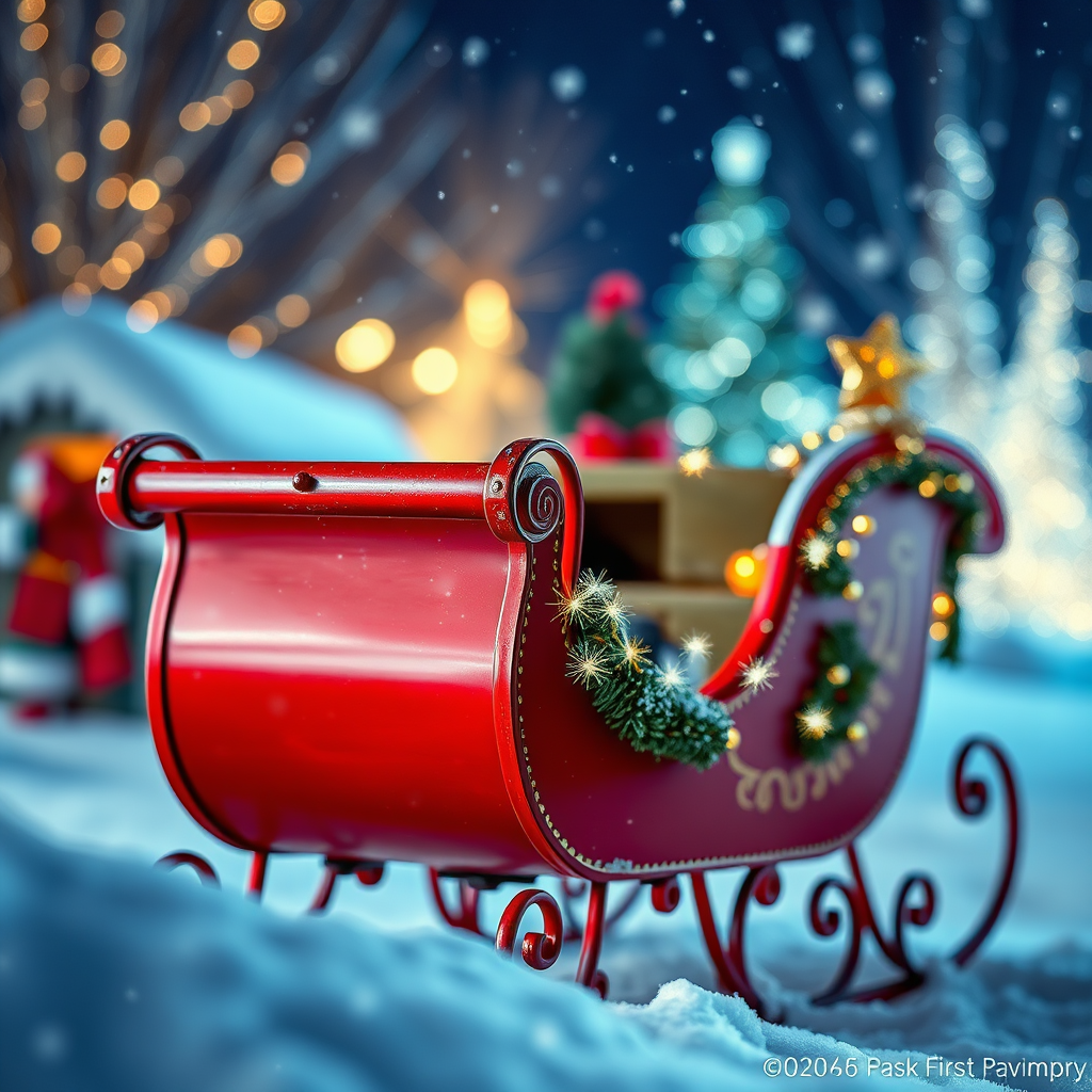 Create an illustration of a festive red sleigh with sparkling elements in a winter scene, using a DSLR camera with a 50mm lens, aperture f/1.8, shutter speed 1/200s, ISO 100, captured in a close-up view under soft, diffused lighting to enhance details and color vibrancy.