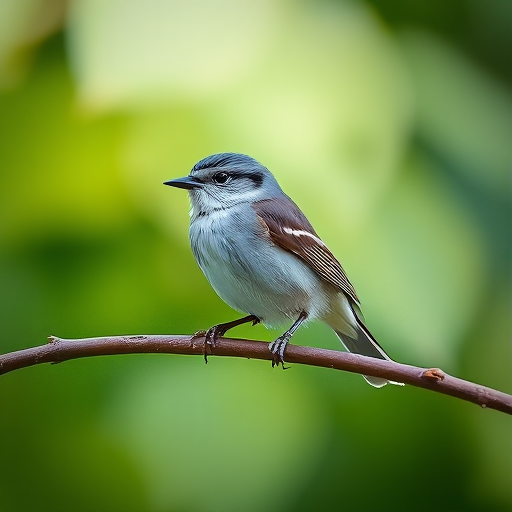 photograph a small bird perched on a branch with a blurred green background, using a Canon EOS R5 camera at f/4, ISO 100, shutter speed 1/200s, 85mm lens, natural light, shallow depth of field, capturing the fine details of the feathers and soft bokeh effect