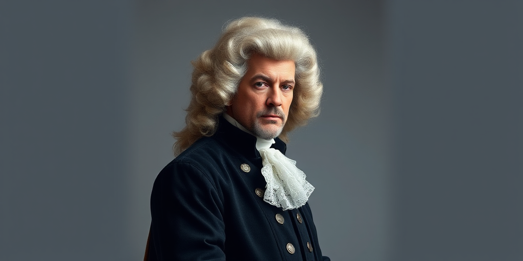 Generate a high-resolution digital illustration of a historical figure with an ornate wig, wearing a black coat with white accents, posed confidently against a gradient gray background, using a Canon EOS 5D Mark IV, 50mm f/1.2 lens, aperture f/8, ISO 100, soft natural lighting to enhance details and textures.