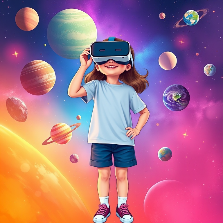 Generate a vibrant digital illustration of a girl wearing VR goggles standing confidently in a colorful space scene with planets and stars surrounding her, with a Canon EOS R5 camera, 24mm lens, f/2.8 aperture, 1/125 sec shutter speed, ISO 100, and a symmetrical composition for enhanced clarity and detail.