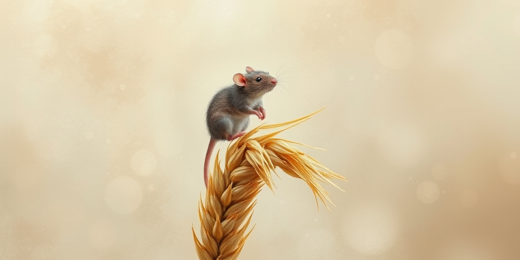Soft, muted Alcohol Ink with ebru effect background image of tiny whimsical rat, who climbed high on the top of a golden rye ear.