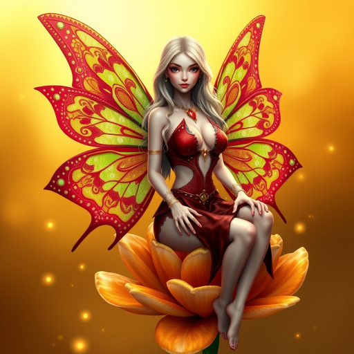 A digital artwork features a winged fairy with delicate Burgundy butterfly wings, adorned with intricate Kiwi andAvocado patterns. She is seated on a vibrant Tan flower, wearing a revealing red two-piece outfit with sparkling beadwork. Her fair skin, long blonde hair, and gold jewelry add to her ethereal appearance. The background is a warm, golden gradient, creating a magical atmosphere. Small glowing orbs and sparkles surround the flower, enhancing the enchanting, highly detailed, and realistic scene.