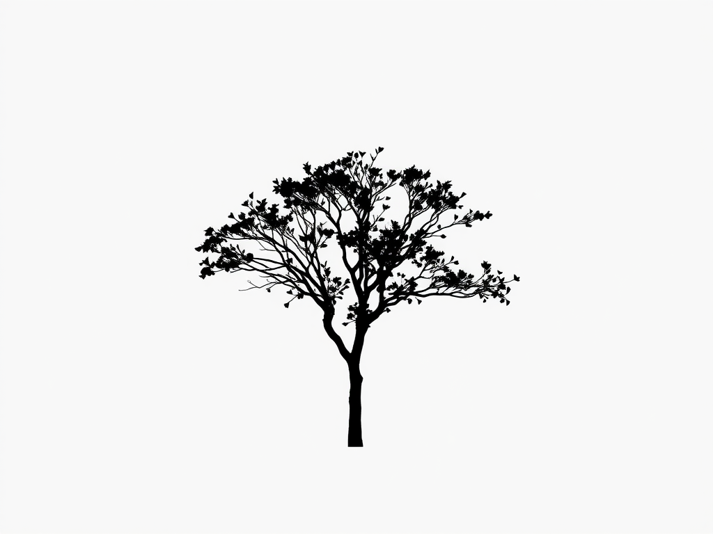 Generate a high-resolution image of a minimalist black silhouette of a tree against a white background, using a Canon EOS R5 with a 50mm f/1.2 lens, aperture set to f/2.8, ISO 100, and a shutter speed of 1/200s, shot from a straight-on view with natural lighting for enhanced clarity and contrast.