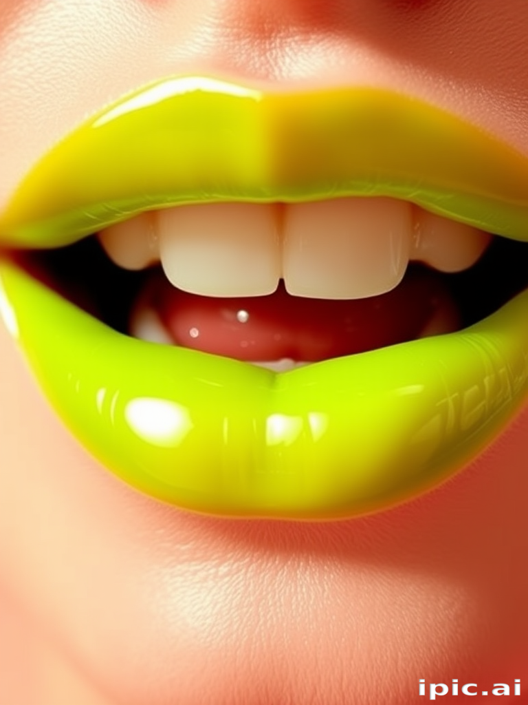 Vibrant lime green lips with a glossy jelly finish and high-shine reflect, known as "Electric Lime Zest"