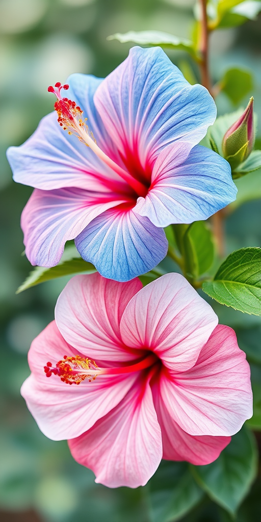 watercolor illustration of blue and pink hibiscus flowers with green leaves, soft bokeh background, 50mm lens, f/2.8 aperture, natural light, macro photography, high resolution