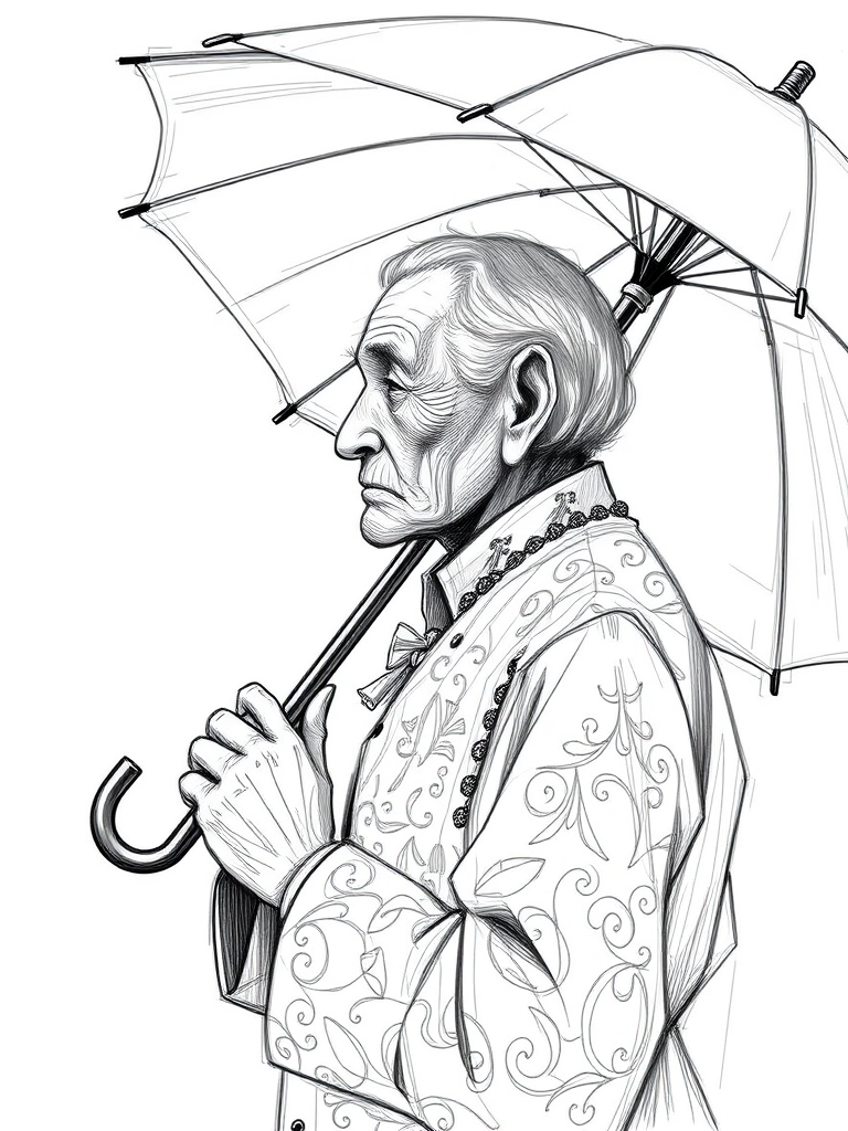 Generate a high-resolution sketch of an elderly figure holding an umbrella, dressed in vintage clothing with intricate patterns, captured in a side view with soft lighting, using a DSLR camera with a 50mm lens, aperture set at f/1.8, ISO 200, and a shallow depth of field for enhanced image quality.