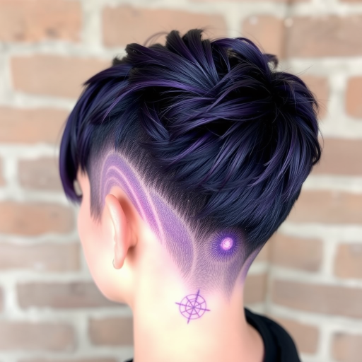 Mystical deep purple pixie undercut called Amethyst Sorcery featuring a longer textured top with hidden galaxy-inspired patterns shaved into the closely cropped sides and nape