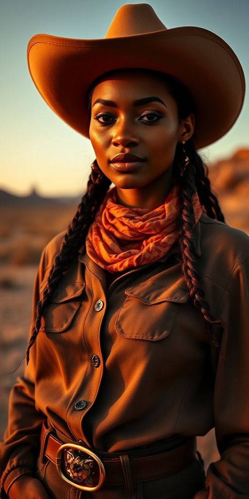Dramatic photo of a beautiful Cape Verdean woman, classic cowboy attire, confident and free spirit expression, half-length portrait, centered, golden hour desert landscape, warm, diffused light, low angle, medium format film camera, in style of Annie Leibovitz.