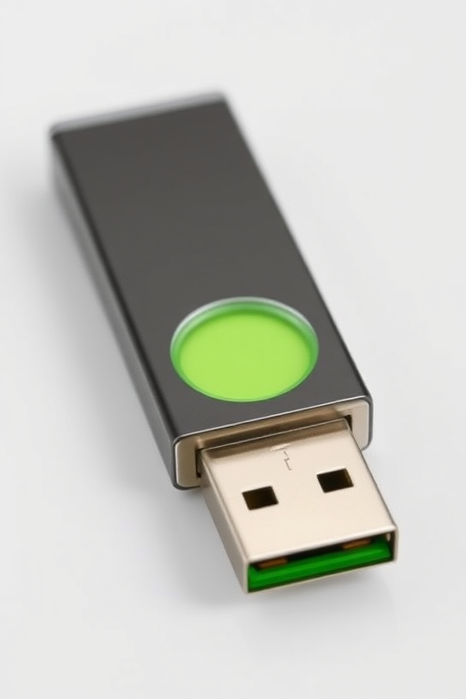 Create a high-resolution image of a sleek, modern USB flash drive with a green accent, using a DSLR camera, f/2.8 aperture, 50mm lens, taken from a slightly elevated angle to enhance detail and depth, in natural lighting for vibrant colors.