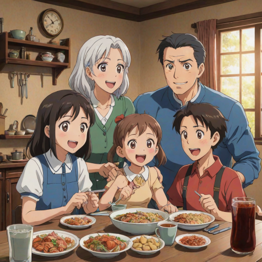 isekai anime style poster depicting a happy Family of four, a surprised dad sitting at a table with his wife and two kids eating something; the movie title clearly reads "OH NO! I HAVE BECOME A FAMILY MAN WITH A DOTING WIFE AND LOVABLE KIDS!", written in clear and exact letters