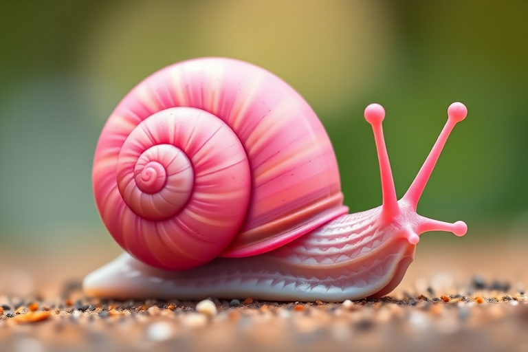 Generate a vibrant and glossy cartoon-style pink snail with a spiral shell, using a macro lens at f/2.8 aperture, 1/100 sec shutter speed, and an ISO of 100, captured in a soft natural lighting setup.